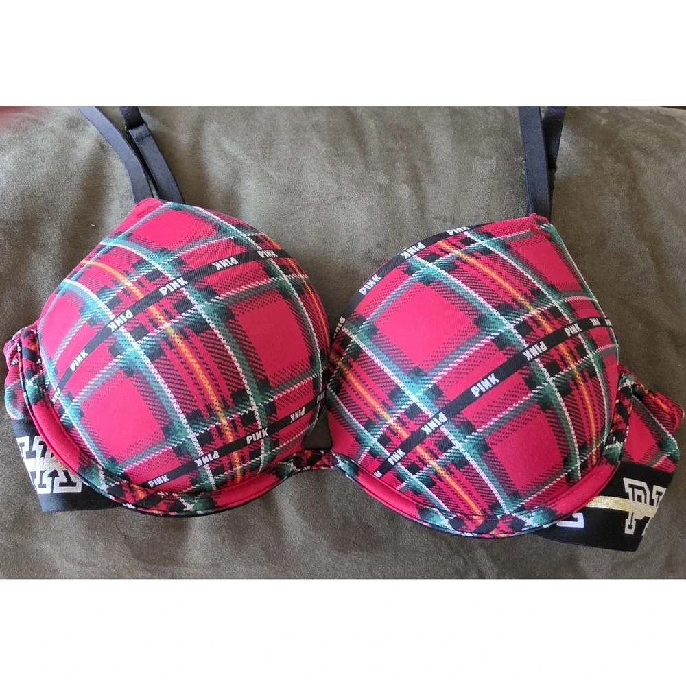 Victoria's Secret PINK Bralette Plaid Red Green Black White Longline 23